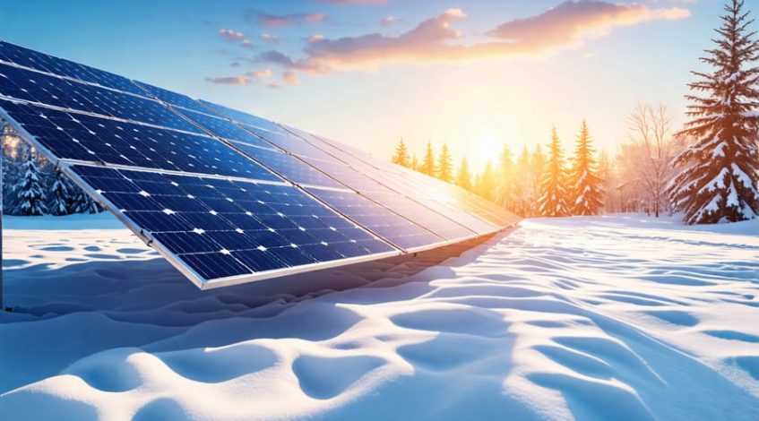 Conceptual illustration of solar panels in a snowy landscape, highlighting optimal tilt and efficiency in winter conditions.