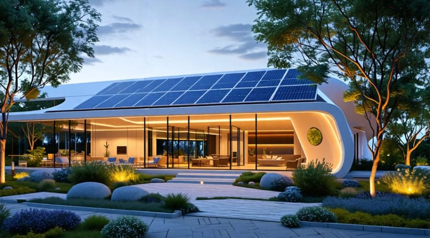 Illustration of a zero-energy building featuring solar panels, geothermal systems, and smart energy technology, emphasizing sustainable design and occupant comfort.