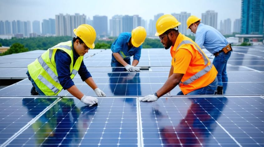 A group of diverse professionals installing solar panels on a rooftop, with a city skyline in the background, illustrating collaborative learning and forward-thinking in solar energy training.