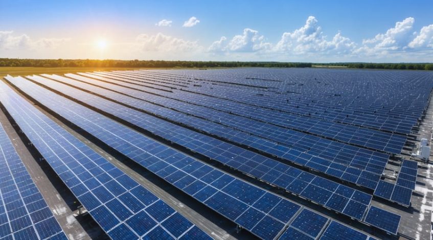 A cutting-edge solar farm featuring perovskite and organic photovoltaics, bifacial modules, and solar tracking systems under the sun, with digital overlays indicating energy storage and AI monitoring.