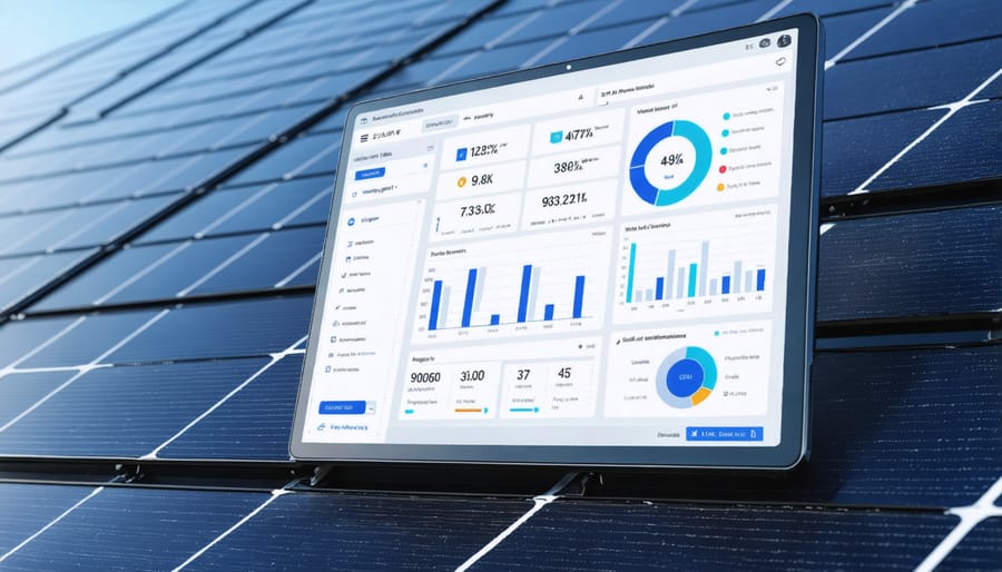 Screenshot of a smart solar monitoring system powered by AI, showing performance metrics and alerts