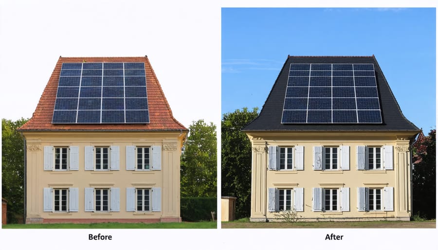 Comparison images showcasing the successful integration of solar panels into a historic building
