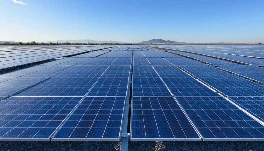 Bifacial solar panels on tracking systems in a large solar farm, absorbing light from both sides