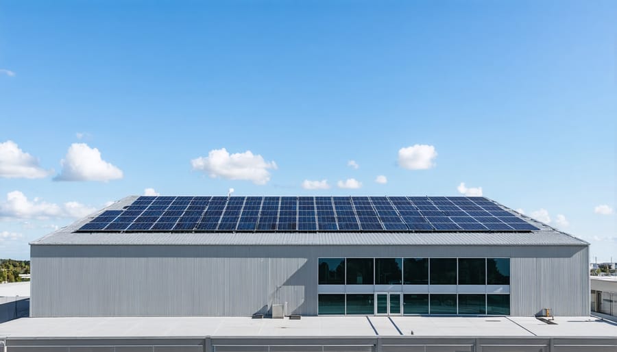 Large commercial office building featuring extensive rooftop solar panel array