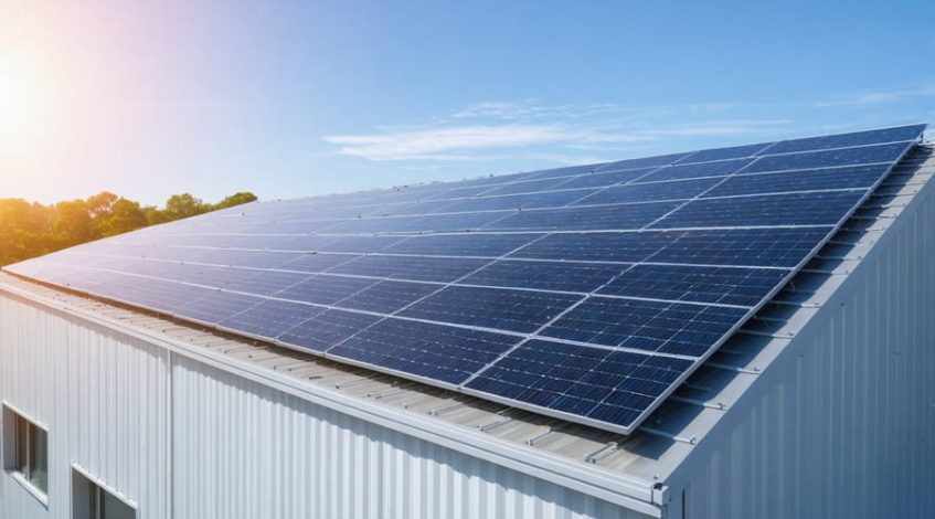 A modern commercial building with solar panels on the rooftop, symbolizing financial growth and sustainability through solar leasing.