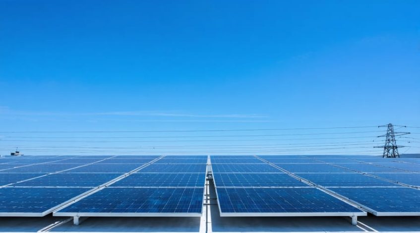 A modern commercial building with solar panels installed on its rooftop, representing distributed generation solar energy connected to the electrical grid.