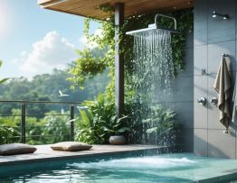 An outdoor solar-powered shower with modern solar panels, surrounded by lush greenery, under a bright sunny sky, highlighting the eco-friendly aspect of solar energy.