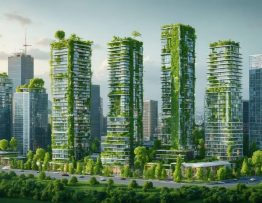 City skyline featuring modern eco-friendly buildings with sustainable design elements like solar panels and green walls, representing various green building certifications.