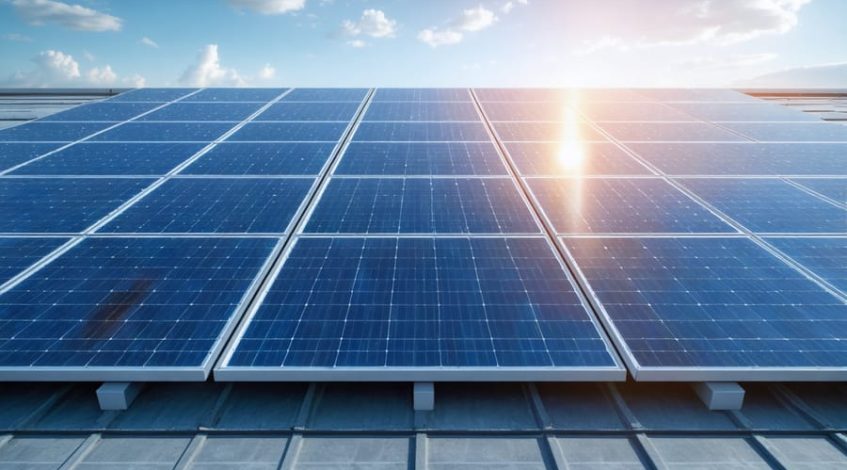 Rooftop showcasing three types of solar panels—sleek monocrystalline, blue-speckled polycrystalline, and flexible thin-film—highlighting diversity in solar technology for businesses.