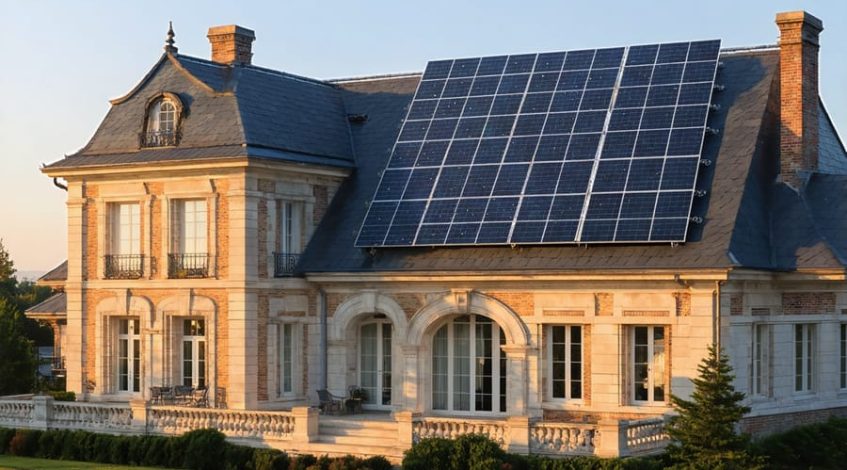 Historic building with solar panels on the roof, demonstrating the blend of modern solar technology with timeless architectural design.