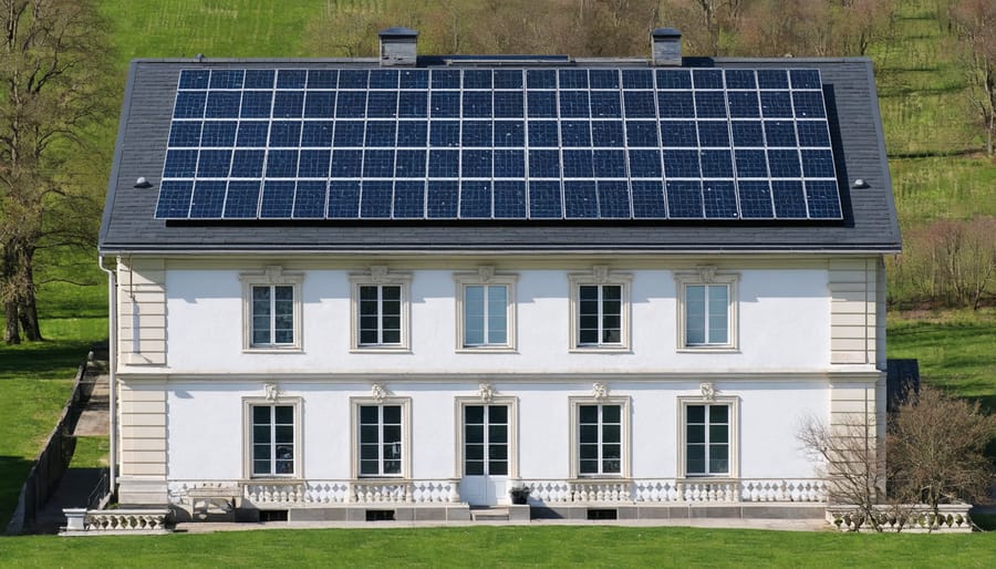 Solar panels integrated into the roof of a historic building, preserving its character