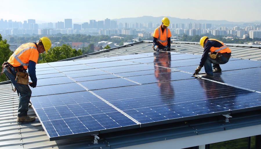 Solar panel installation on a residential roof with a city in the distance