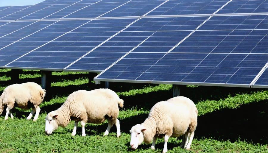 Sheep grazing on a solar farm, showing grazing and solar integration