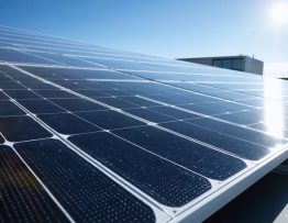 Array of solar panels mounted on a modern office building with financial growth symbols in the background, illustrating solar business models' positive economic impact.