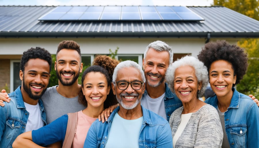 Happy community members in front of a solar-powered public building