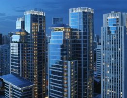 Conceptual illustration of a cityscape blending business structures with solar panels, symbolizing the integration of solar energy in urban environments.