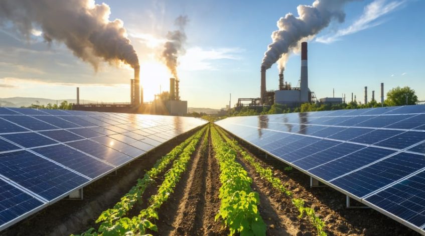 Conceptual image illustrating the contrast between the clean benefits of solar energy and the environmental challenges of its manufacturing process, with solar panels transforming pollutants into greenery.