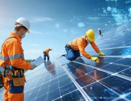Solar energy professionals wearing protective gear inspect panels, conduct structural assessments, and ensure fire safety.