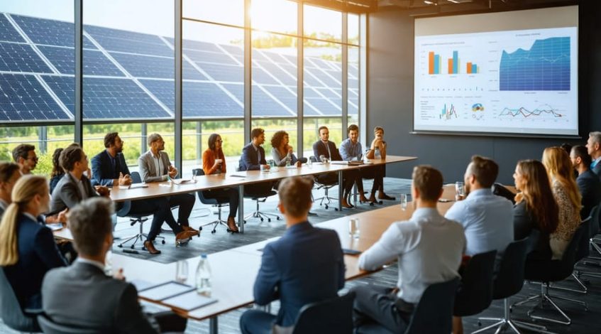 Business professionals attending a solar energy workshop, engaging with a presenter discussing solar technologies and sustainability strategies.