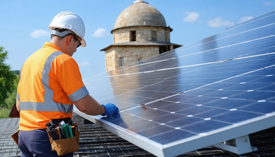 Technicians evaluating the potential for solar panel installation at a historic location