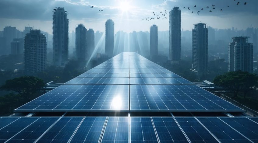 A futuristic city illuminated by sunlight, showcasing solar panels on skyscrapers and rooftops, representing a sustainable and clean energy future.