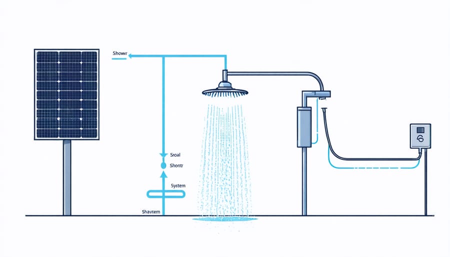 Illustration of how solar panels heat water in a portable shower system