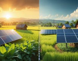 Illustration contrasting a rural scene with modern solar panels harvesting energy from the sun and a traditional diesel generator, highlighting the transition to clean energy solutions in rural areas.