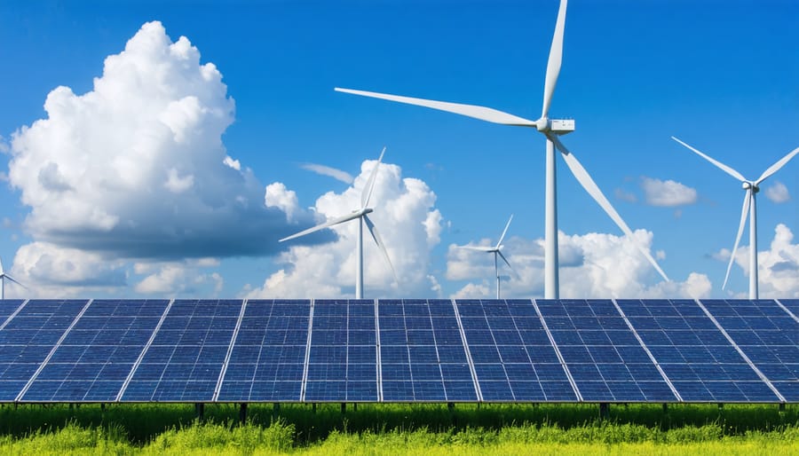 Solar and wind renewable energy sources working together in a green field