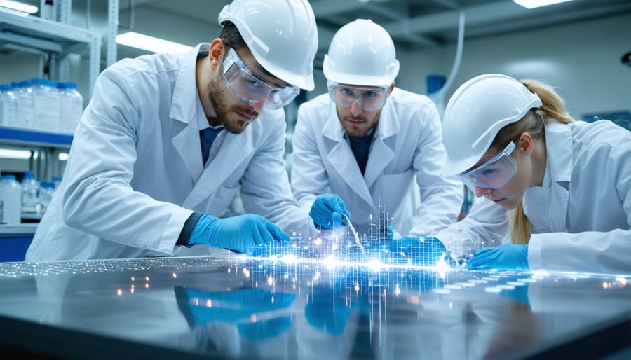 Scientists and engineers working together on solar panel efficiency testing equipment