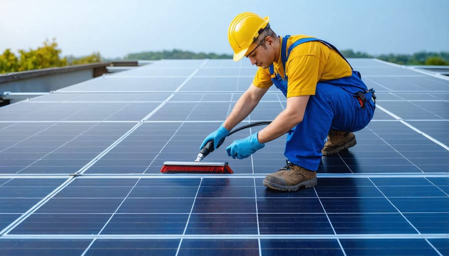 Professional maintenance worker cleaning large-scale commercial solar panels