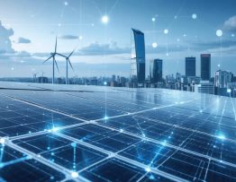 Conceptual illustration depicting the integration of solar panels, wind turbines, and energy storage units into a smart grid system in a modern city setting.