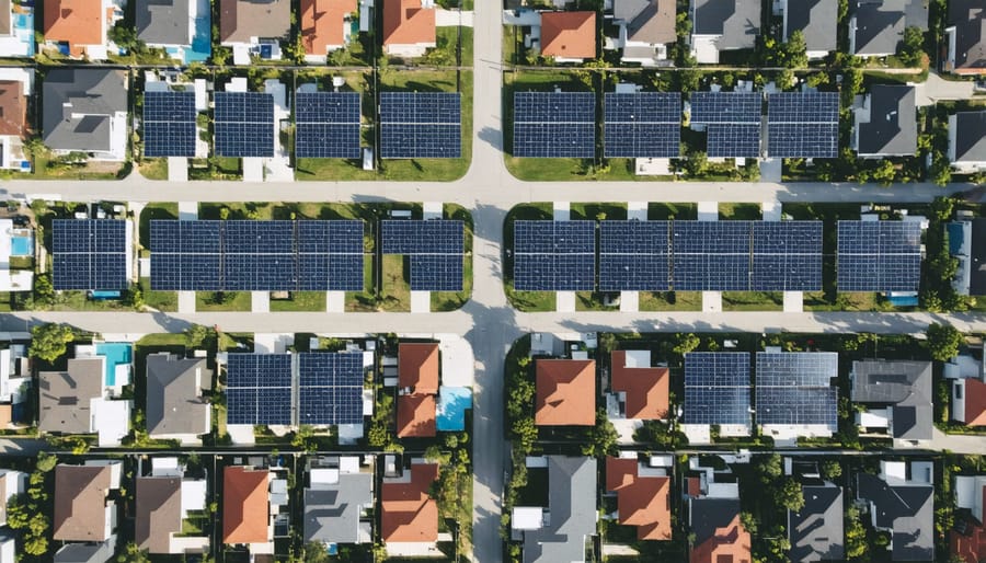 Bird's eye view of residential area with interconnected solar panels and microgrid infrastructure