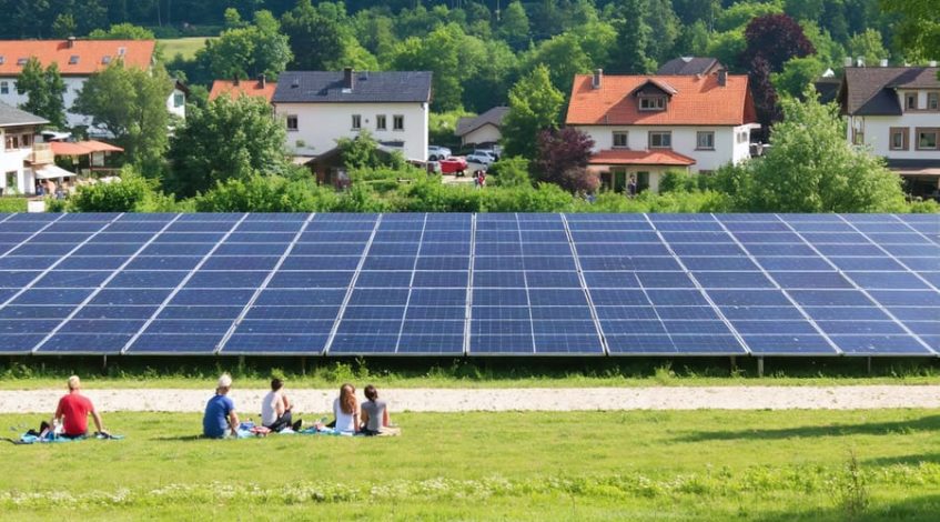A vibrant illustration of a community solar project with solar panels in a communal space, surrounded by active residents and local businesses, under a clear sky, showcasing the theme of energy independence and collaboration.