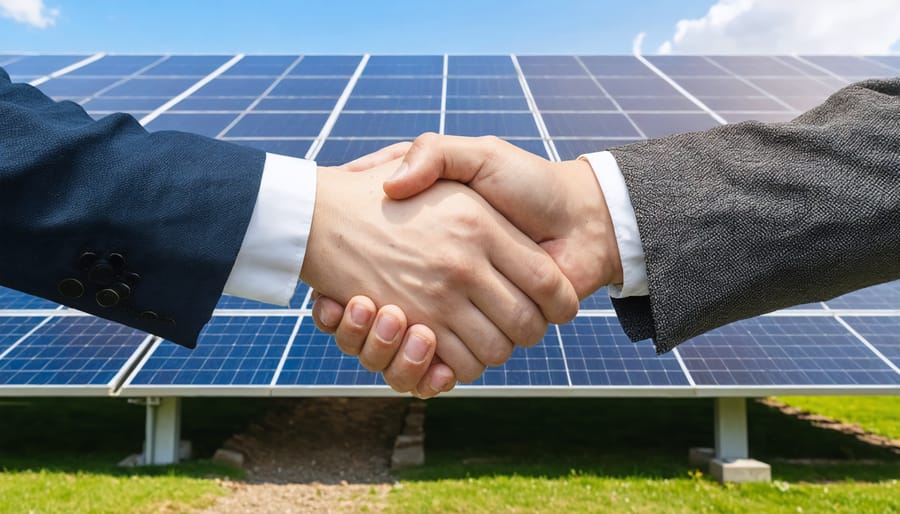 Business handshake representing successful solar partnership with community solar project in background