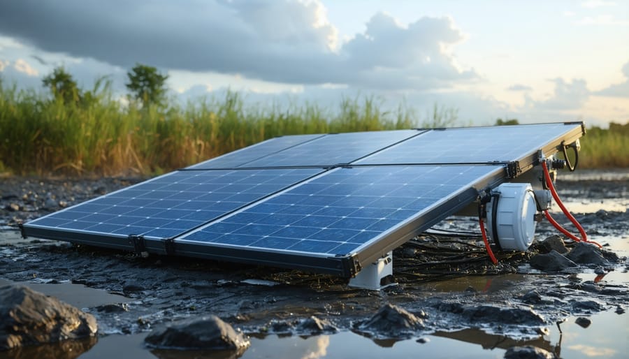 Emergency response team setting up mobile solar panels in a disaster zone