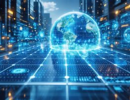 Conceptual depiction of a futuristic business environment highlighting the integration of advanced solar technologies and AI-driven energy solutions, symbolizing innovation and sustainability in commercial energy management.