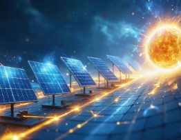 Conceptual illustration depicting the transformation process of solar energy from photons in sunlight to electricity in photovoltaic cells and its storage in diverse systems like batteries and flywheels, highlighting the journey of energy forms.