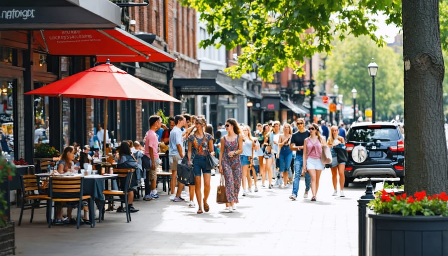 Active shopping district with consumers supporting local businesses