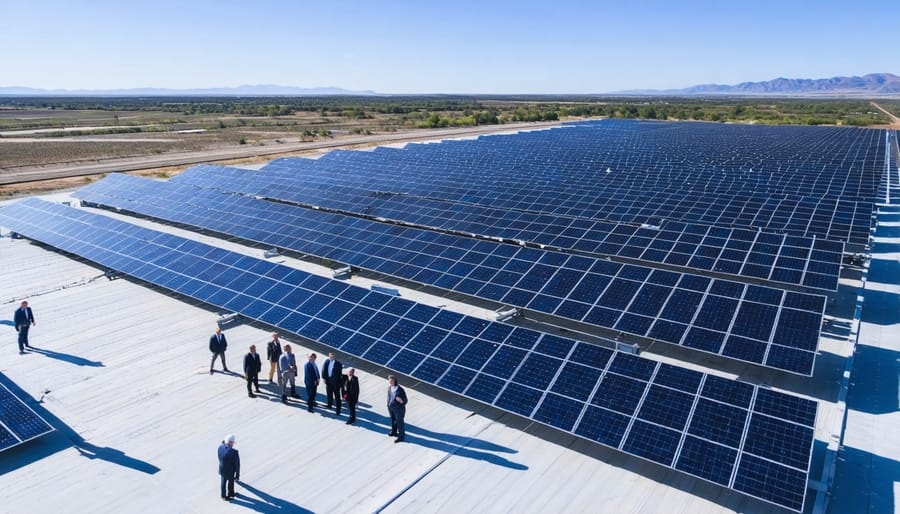 Aerial photograph showing business and government officials touring a utility-scale solar farm