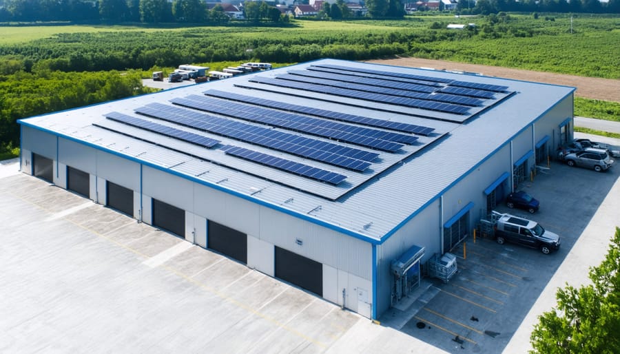 Modern cold storage facility featuring extensive rooftop solar panel installation