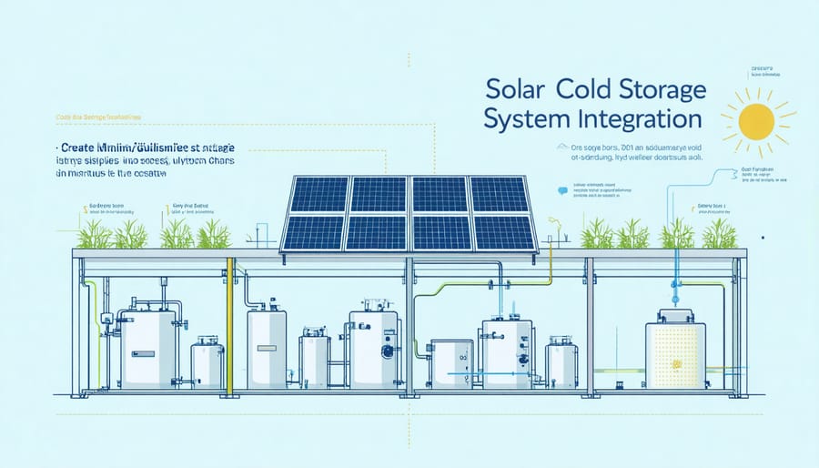 Schematic diagram illustrating solar power integration with industrial refrigeration systems