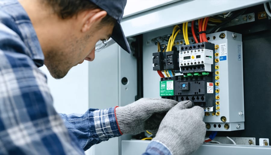 Certified technician performing electrical maintenance checks on commercial solar equipment