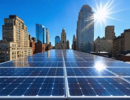 Solar panels installed on commercial rooftops in a city, representing the shift towards renewable energy in modern businesses.