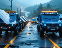 Conceptual illustration of advanced solar panels and technology integrated with emergency response vehicles in a disaster scenario, showcasing rapid deployment and efficient energy use.