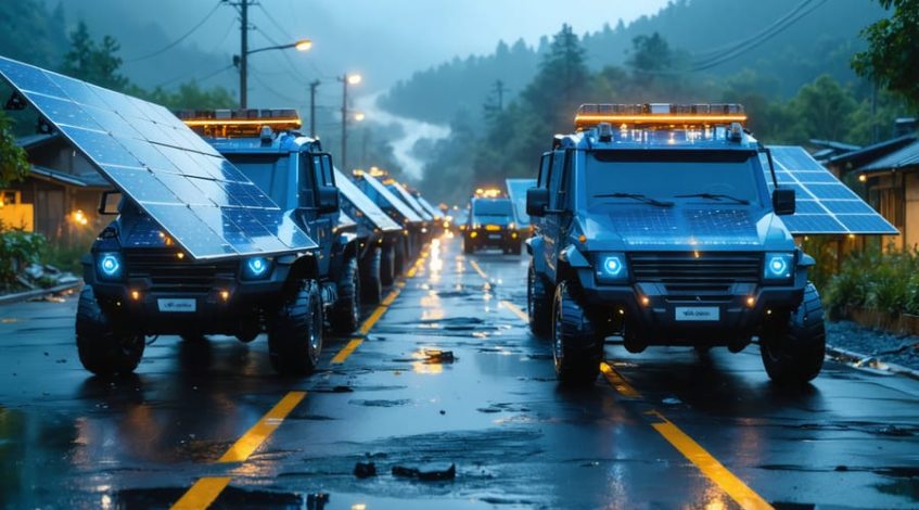 Conceptual illustration of advanced solar panels and technology integrated with emergency response vehicles in a disaster scenario, showcasing rapid deployment and efficient energy use.