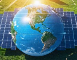 Illustration depicting a globe with interconnected solar panels and icons of government, industry, and academia, emphasizing international cooperation in solar energy development.