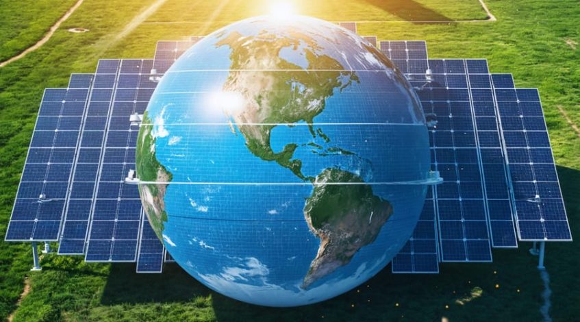 Illustration depicting a globe with interconnected solar panels and icons of government, industry, and academia, emphasizing international cooperation in solar energy development.