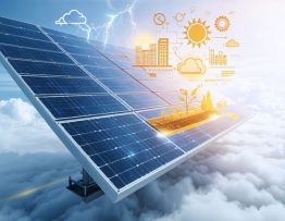 Conceptual illustration of solar energy protection strategies including cybersecurity, insurance, weather resistance, and maintenance.