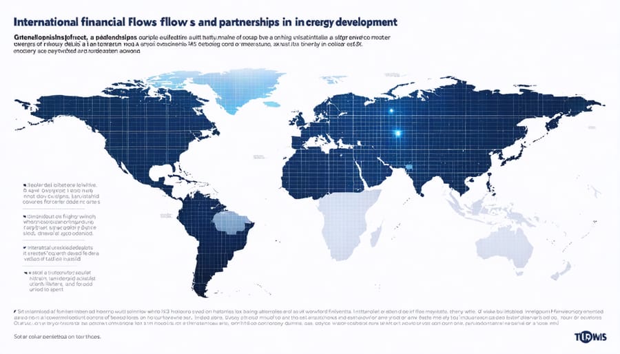 Visual diagram of cross-border financial partnerships and investment flows in solar energy projects