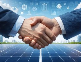 "Illustration depicting a handshake representing the collaboration between public and private sectors in front of a solar facility, symbolizing innovation in solar energy projects."